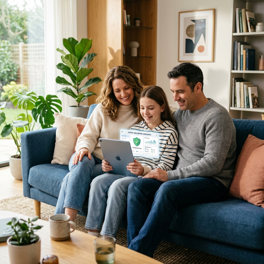 Familia compartiendo tecnología responsablemente